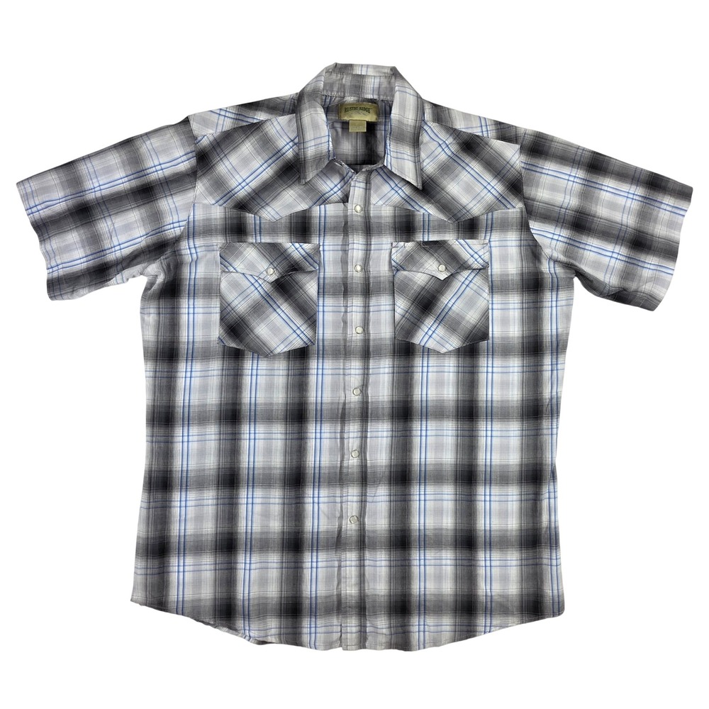 Rustic‎ Ridge Mens Large Plaid Western Pearl Snap Short Sleeve Shirt Grey Blue